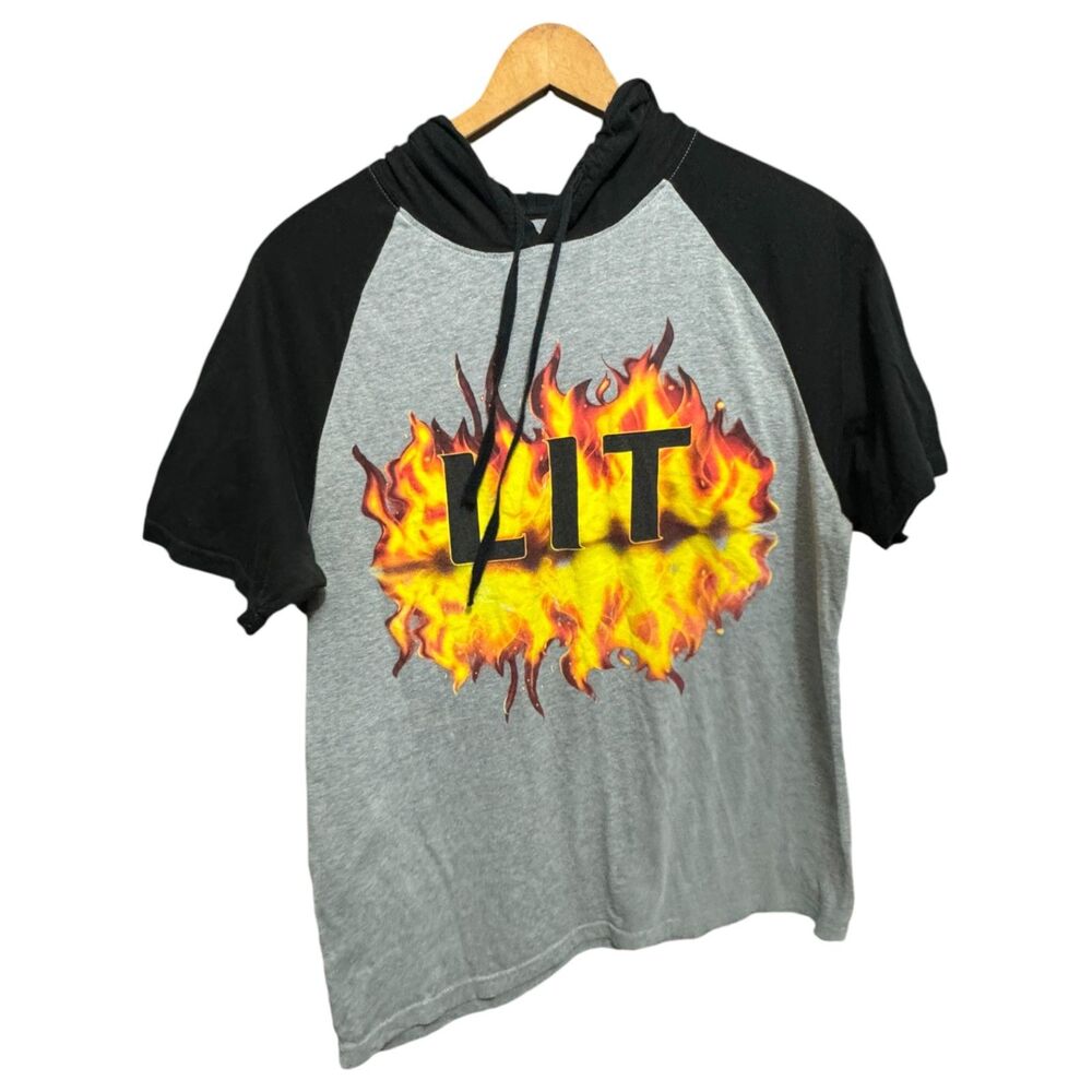 Vintage Lit Rock Band Short Sleeve Hoodie Tee - Size L | Music Graphic Tee